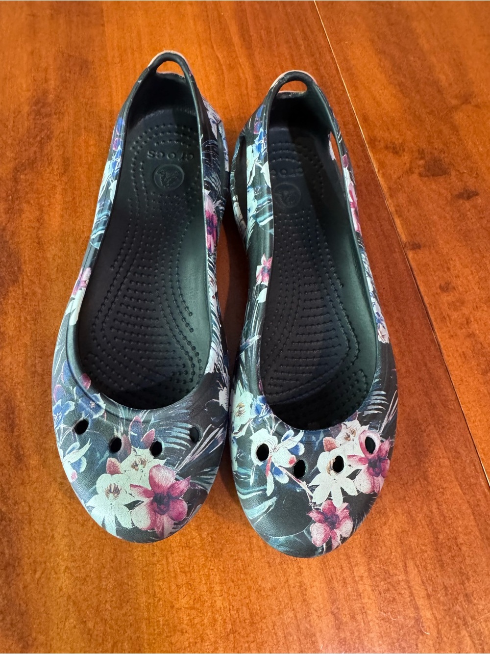 CROCS Floral Black Slip-On Flats with Pink & White Blooms